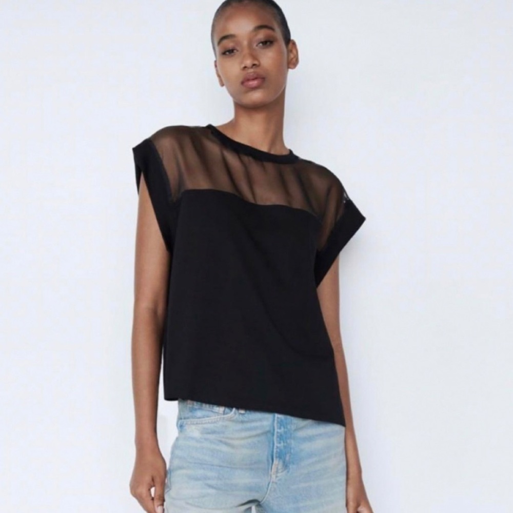 ZARA Women's Black Mesh Contrast Tee